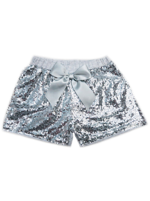 Girls Silver Sequin satin bow Elastic Waist Shorts 0M-8 - SophiasStyle.com